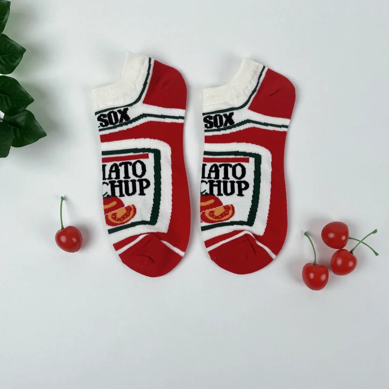1 par Unisex divertido estilo AB tomate Ketchup French Fry impreso calcetines a media pantorrilla traje en todas las estaciones