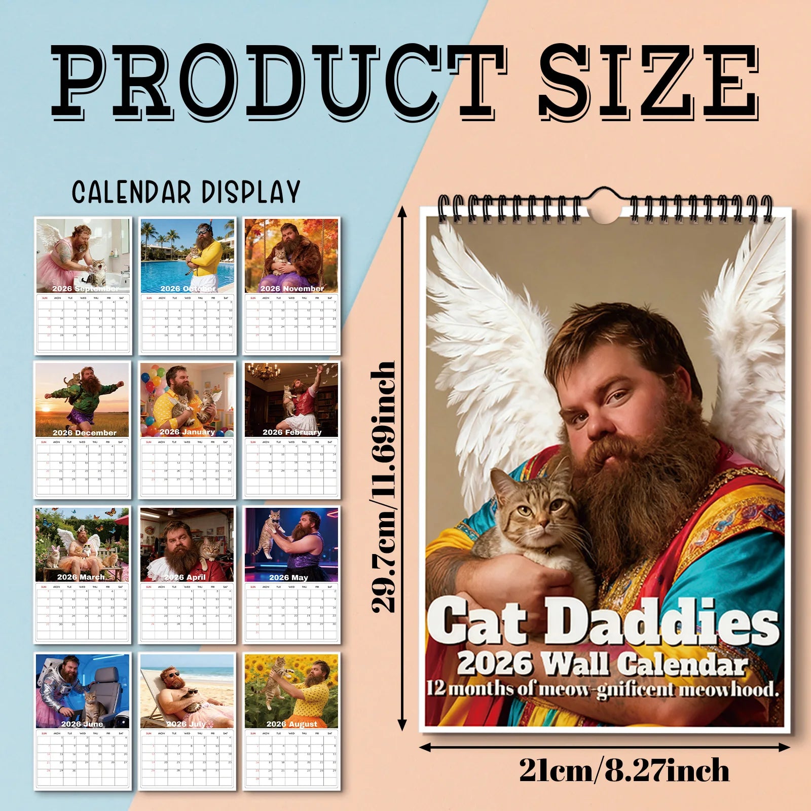 Calendario de pared con temática de Daddies de gato 2026, amantes de los gatos y entusiastas de las mascotas, Ideal para decoración del hogar y la oficina, calendario de pared divertido, 1 ud.