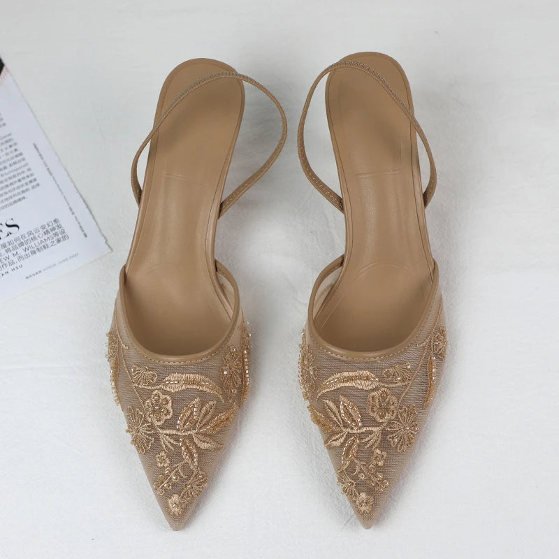 Sandalias de tacón alto de marca de lujo para mujer, zapatos de vestir de novia con bordado de malla, elegantes y puntiagudos, para fiesta de noche y boda