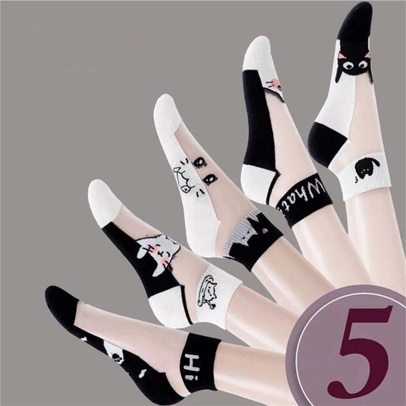 Dreamlikelin 5 par/lote calcetines de verano blanco y negro gato seda de cristal transpirable calcetines femeninos calcetines cortos simples