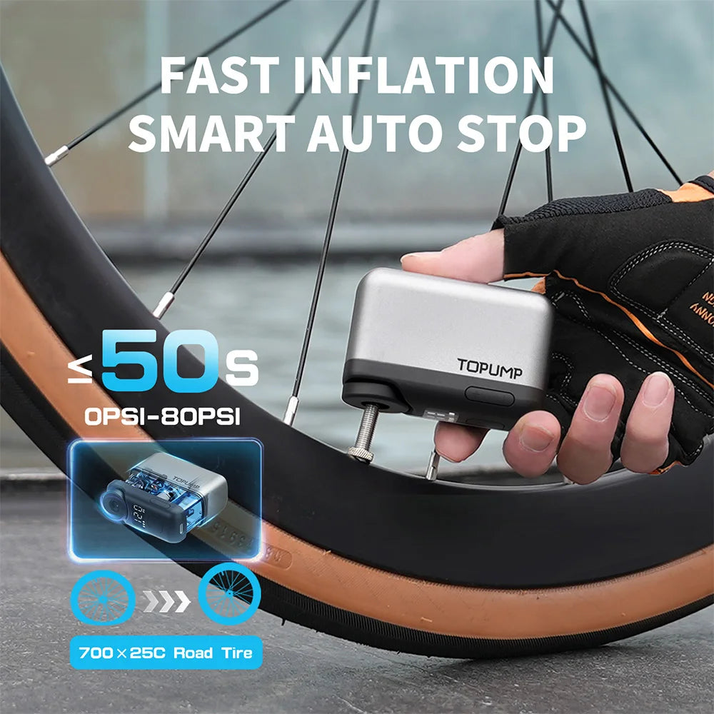TOPUMP TB2 PRO Mini bomba eléctrica portátil para bicicleta Inflador de neumáticos inalámbrico 120PSI Max 450mAh batería con pantalla de carga rápida