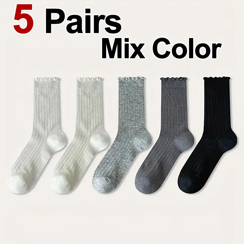 5/10 pares de calcetines de tubo medio de malla de Color sólido para mujer, calcetines informales ligeros transpirables de moda con borde ondulado estilo Ballet