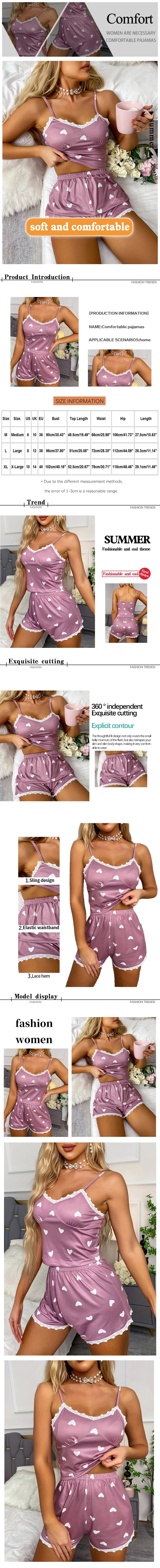 Conjunto de pijama informal con estampado de encaje y tirantes con cuello en V de dos piezas para mujer