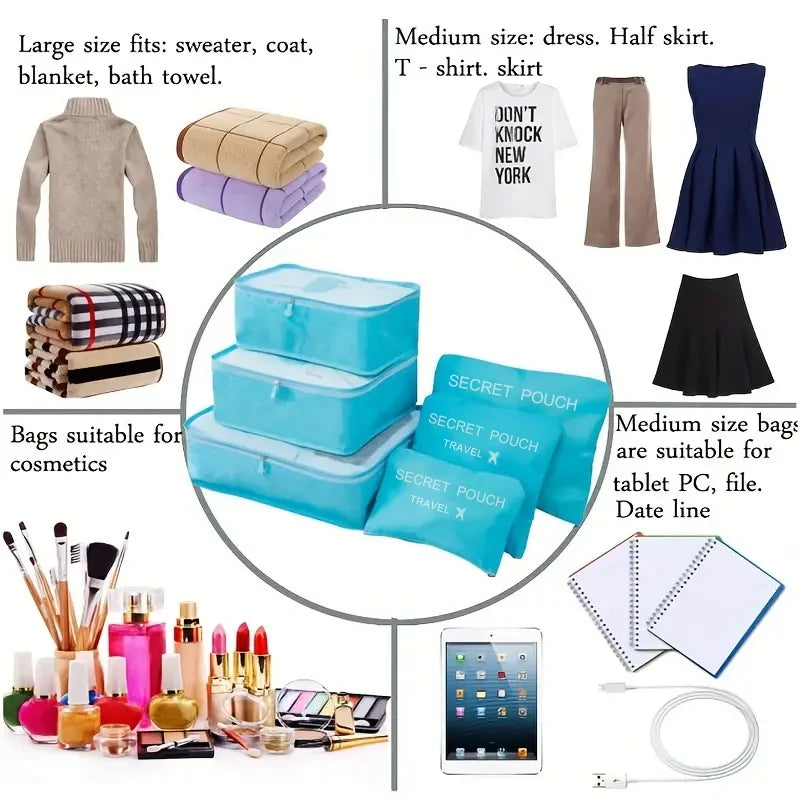 6 unids/set bolsa de almacenamiento de viaje rosa/azul/gris bolsa de almacenamiento de ropa interior impermeable de gran capacidad bolsa con cremallera