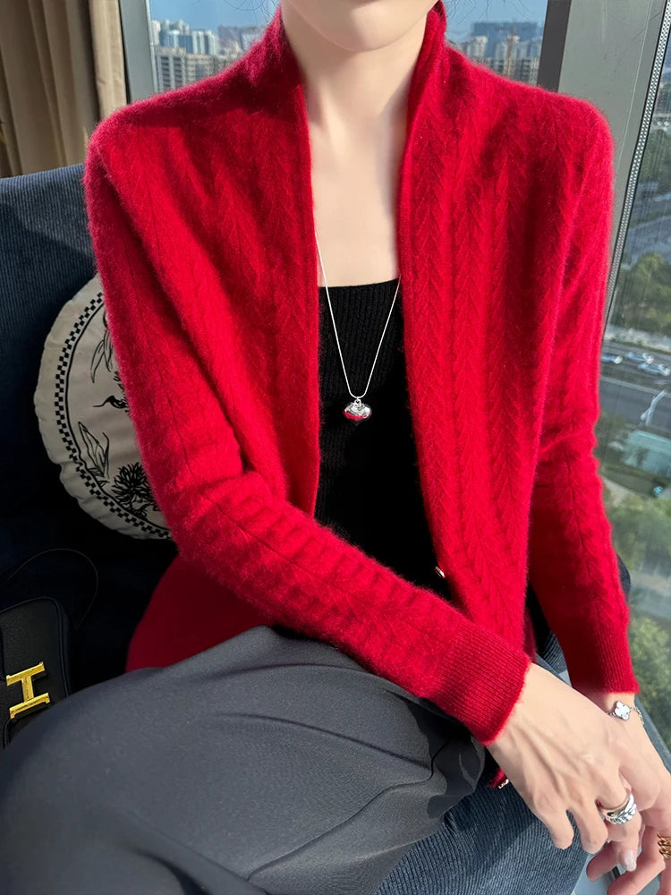 Cárdigan con cuello de bufanda para mujer, Tops, Otoño Invierno, nuevo suéter elegante de lana merina de 100%, suéter de lana elegante para mujer, blusa suave elegante