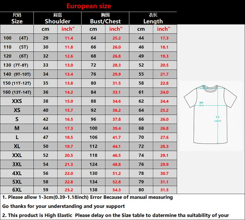 tabla de tamaños europeos para camiseta de gato divertida para hombre, incluye medidas de hombros, pecho y longitud.