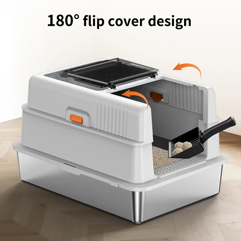Caja de arena para gatos grande de acero inoxidable XXXL con tapa y almohadilla raspadora, 70 cm adecuada para cajas de arena para gatos de acero inoxidable extragrandes, 180 °     Tapa abatible y diseño tres en uno, adecua