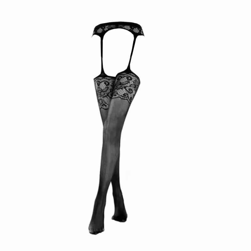 SIMPLEJWEL pantimedias sexis sin entrepierna ahuecadas medias de red de seda negra bragas de cintura alta vestido Sexy
