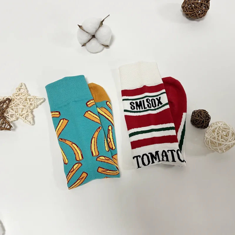 1 par Unisex divertido estilo AB tomate Ketchup French Fry impreso calcetines a media pantorrilla traje en todas las estaciones