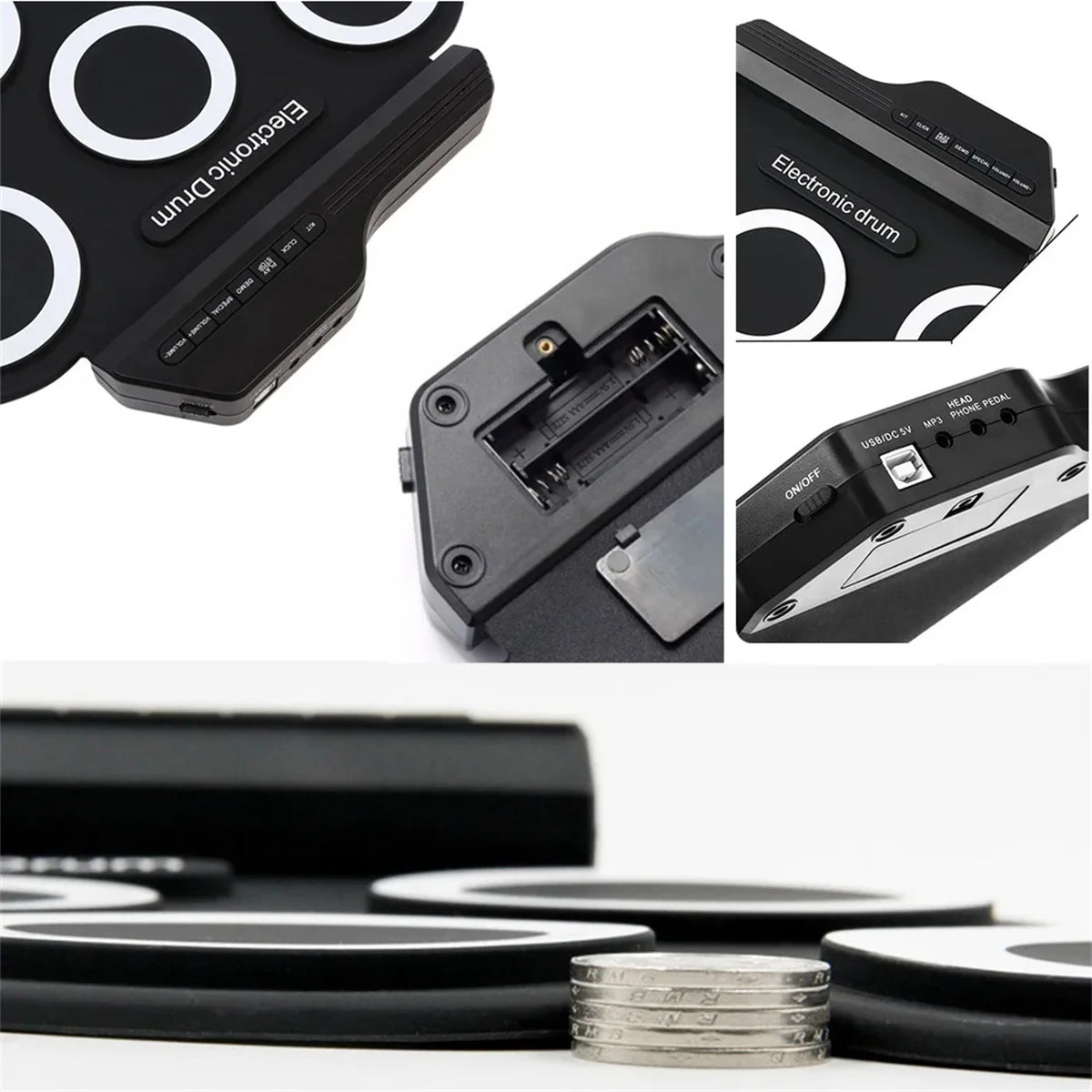 Rollo de mano de silicona plegable, tambor electrónico USB, Kit de almohadilla de práctica portátil con baquetas, Pedal de sostenido, novedad de 2022
