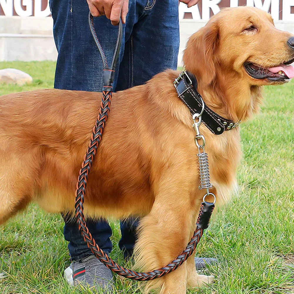 Correa de cuero Real para perros grandes, correa de entrenamiento trenzada de cuero, resistente y duradera, sin amortiguador, para perros.