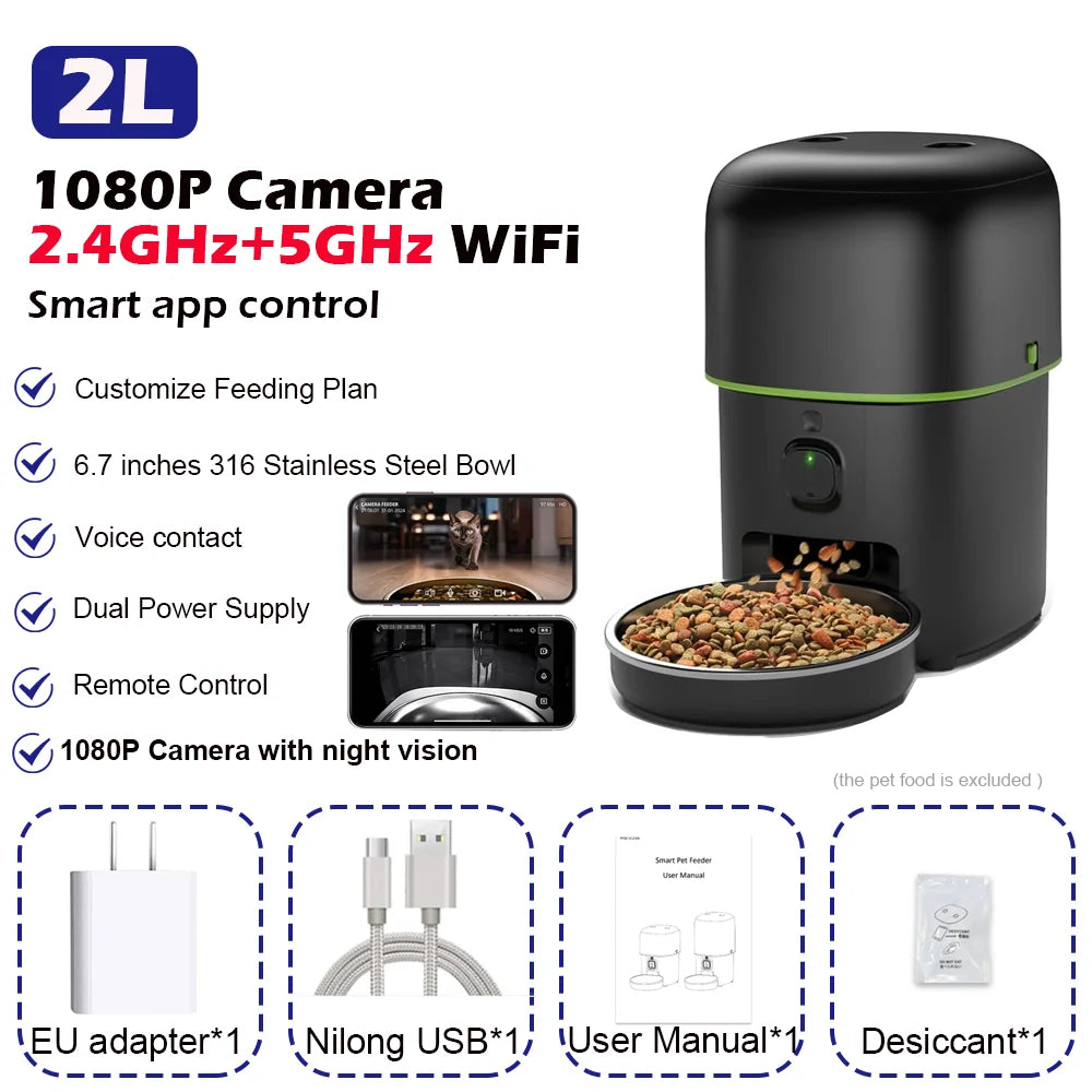Alimentador automático para gatos, cámara inteligente para mascotas, dispensador de comida para gatos, 2,4G/5GWiFi, Control por aplicación Tuya, alimentador automático para accesorios para perros y gatos