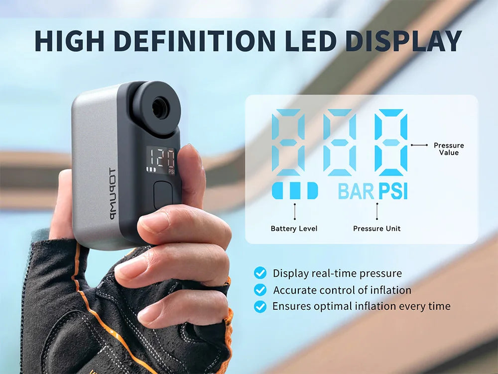 TOPUMP TB2 PRO Mini bomba eléctrica portátil para bicicleta Inflador de neumáticos inalámbrico 120PSI Max 450mAh batería con pantalla de carga rápida