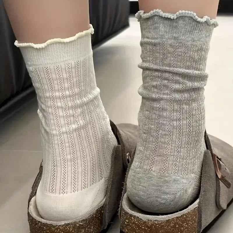 5/10 pares de calcetines de tubo medio de malla de Color sólido para mujer, calcetines informales ligeros transpirables de moda con borde ondulado estilo Ballet