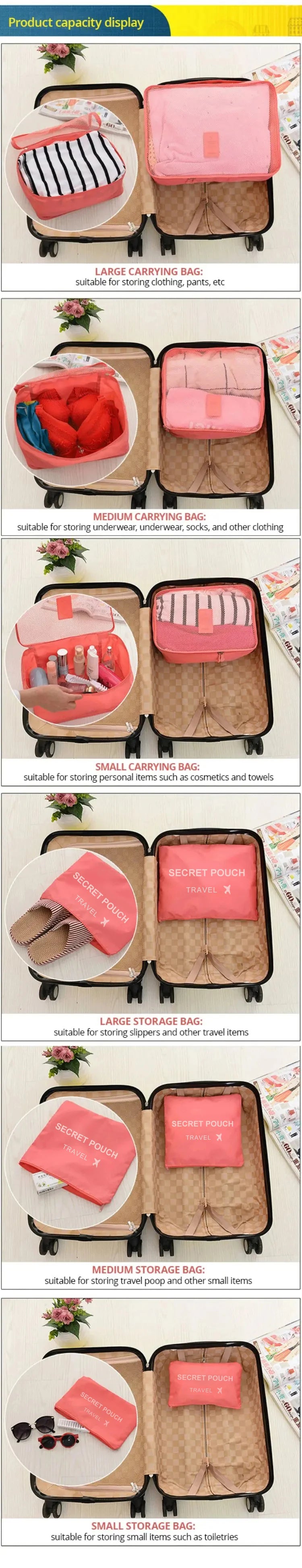 6 unids/set bolsa de almacenamiento de viaje rosa/azul/gris bolsa de almacenamiento de ropa interior impermeable de gran capacidad bolsa con cremallera
