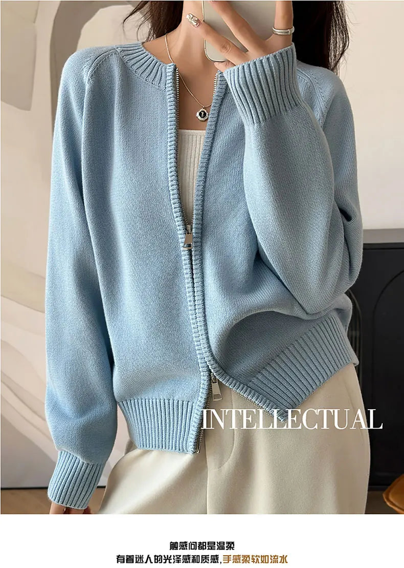 YTFidio 100% de algodón para mujer, cárdigan liso con cremallera gruesa y cuello redondo, ropa de diseñador de lujo, jersey para mujer, Tops femeninos 401