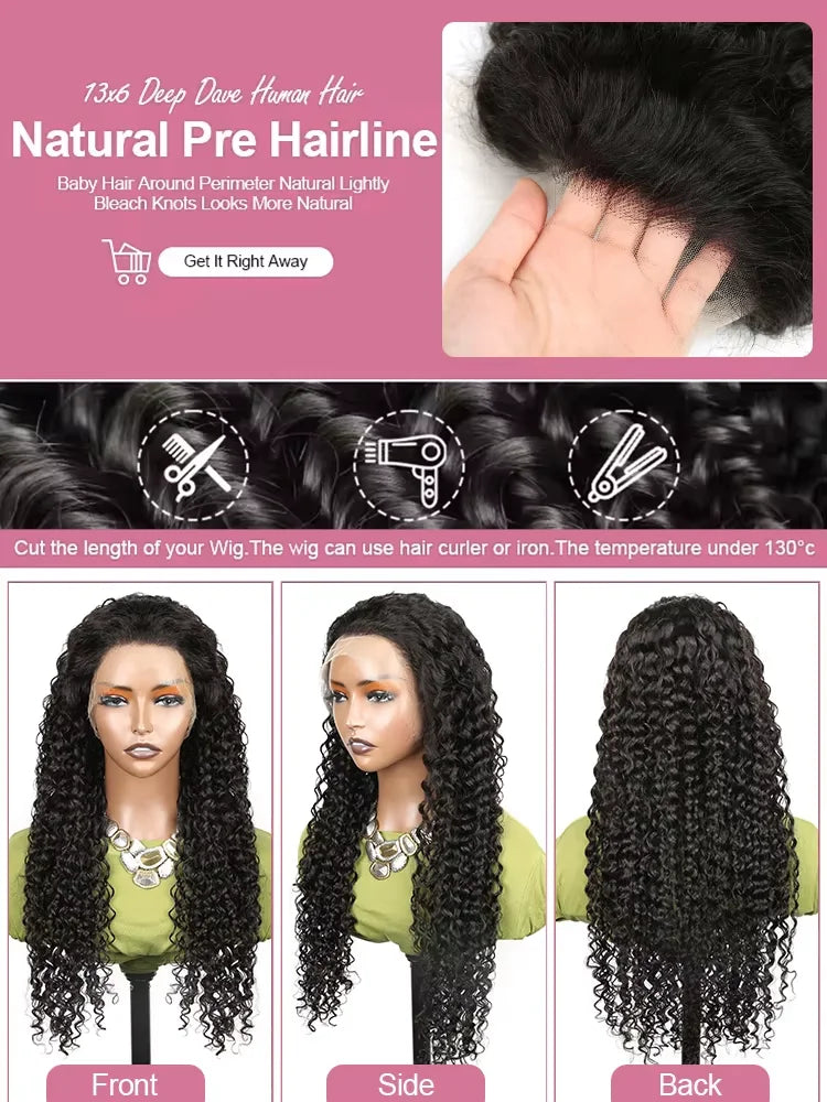 Peluca frontal de encaje HD 13x6 con densidad del 250%, cabello humano virgen rizado de onda profunda, pre-arrancada, con ondas de agua, para mujeres negras, brasileña