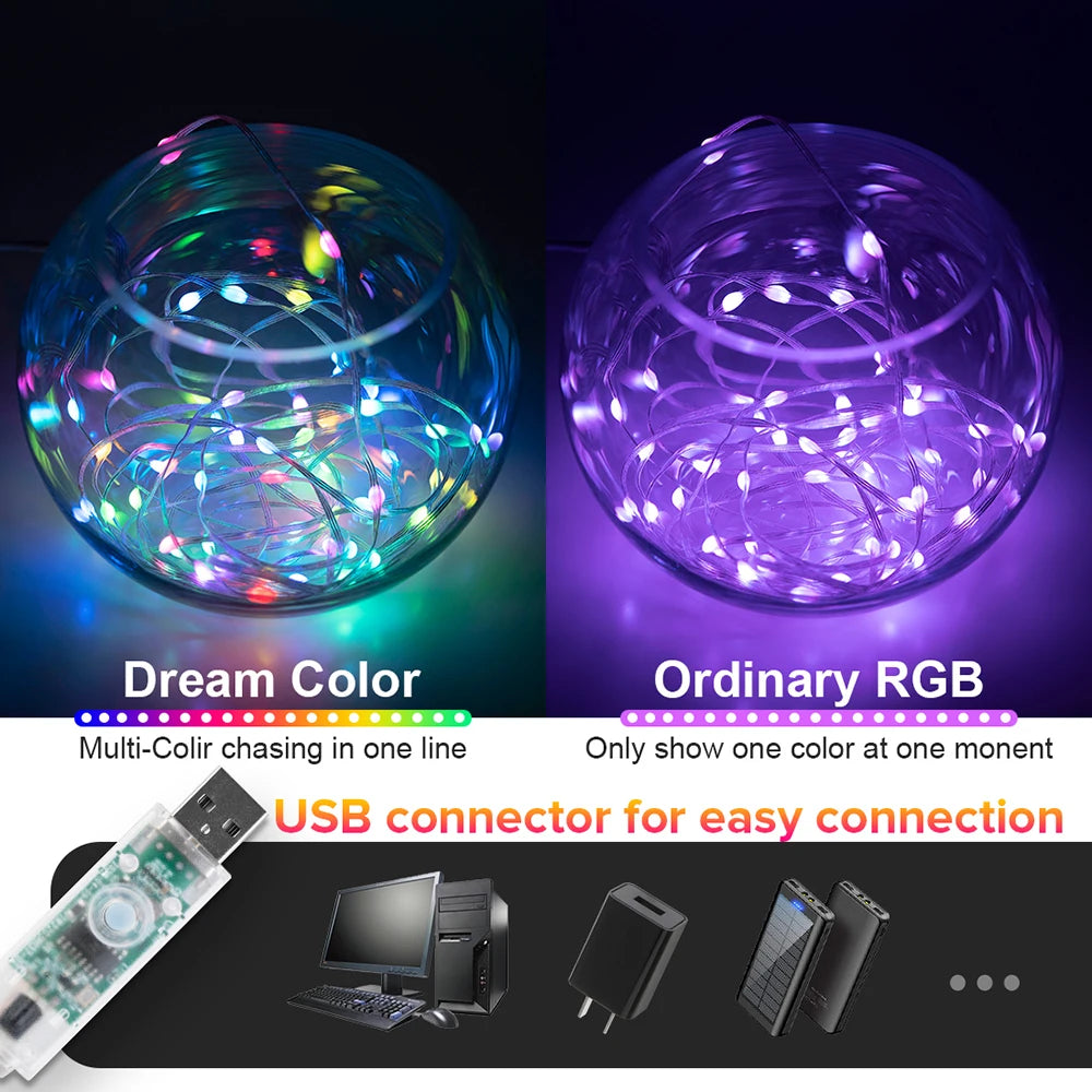 Dreamcolor cadena de luces navideñas BT música WS2812B RGBIC iluminación direccionable fiesta boda guirnalda decoración al aire libre USB DC5V
