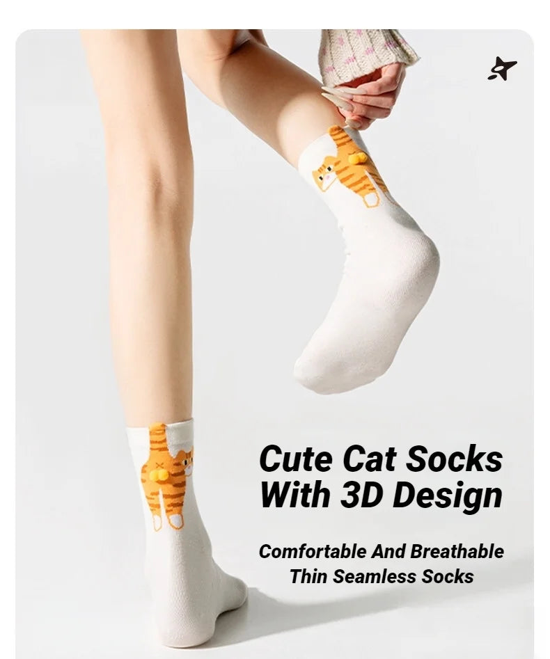 Calcetines Divertidos con Diseño de Gato, Negros/Blancos, Transpirables, Suaves, para Mujer, Novedad, Regalo Kawaii