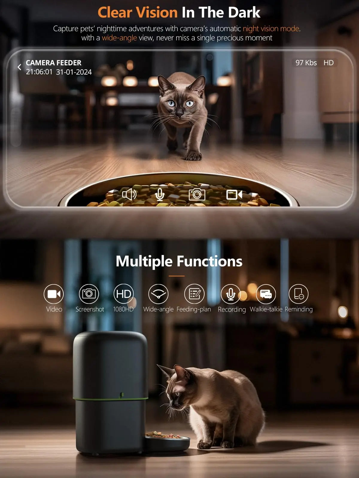 Alimentador automático para gatos, cámara inteligente para mascotas, dispensador de comida para gatos, 2,4G/5GWiFi, Control por aplicación Tuya, alimentador automático para accesorios para perros y gatos