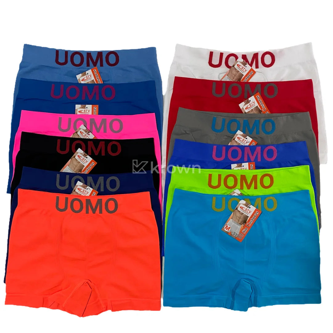 Pack de 12 Calzoncillos Boxer UOMO Talla S-M-L-XL Sin Costuras Ropa Interior Slip Hombre Sexy Calzones Bombacho Pantalones Cortos Calzón. Surtido de Colores, Poliéster, Fluorescentes