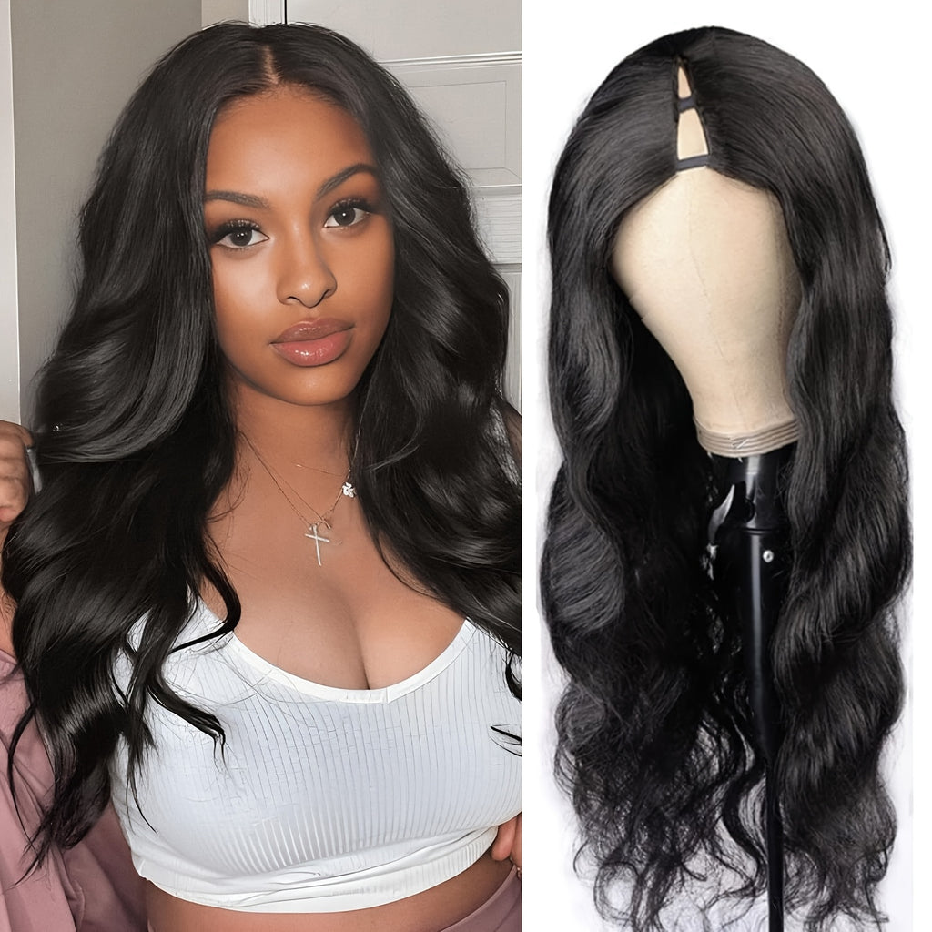 Pelucas con parte en V para mujeres negras, cabello humano con 250% de densidad, Clip para cabeza completa en media peluca sin dejar fuera, peluca ondulada para mujeres negras