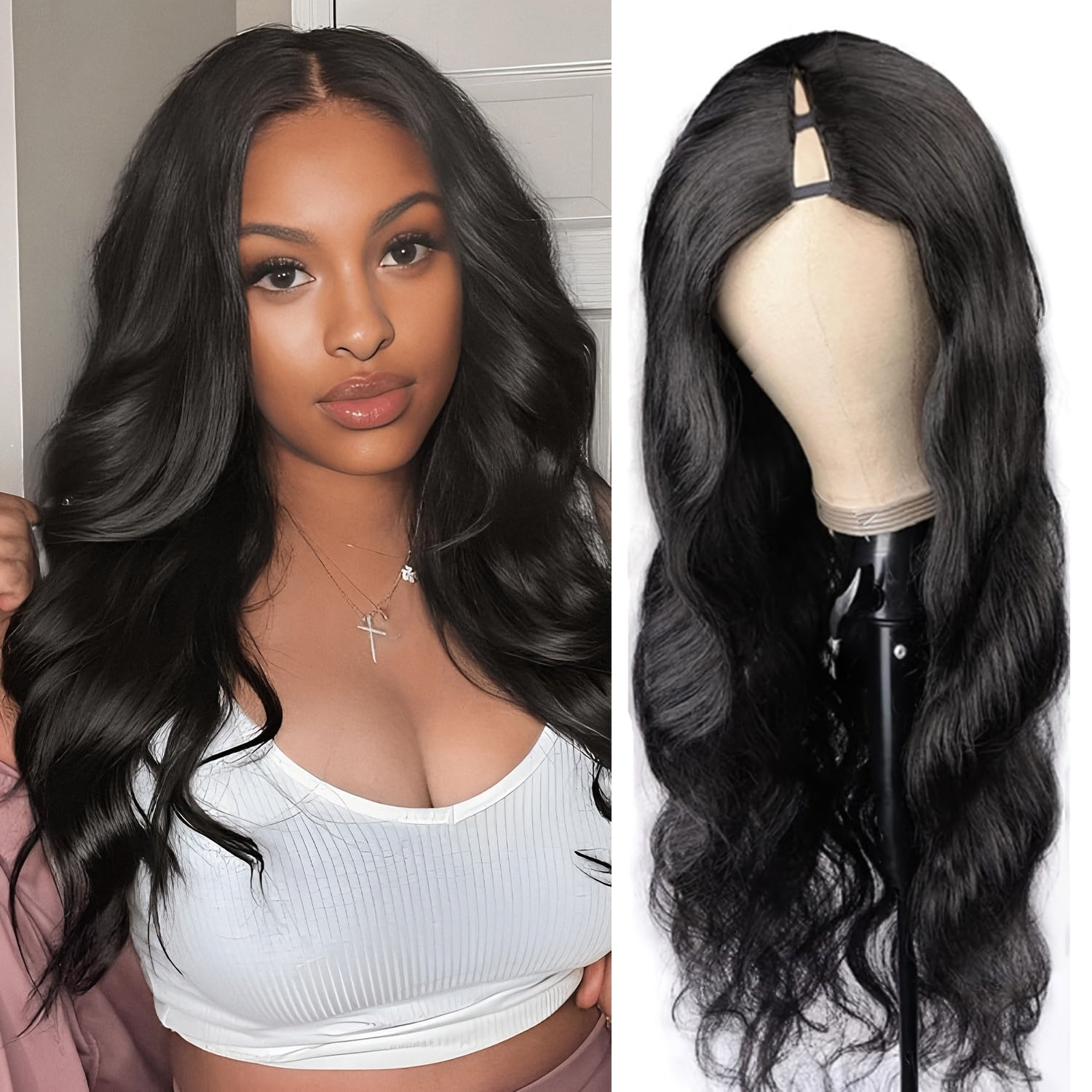 Pelucas con parte en V para mujeres negras, cabello humano con 250% de densidad, Clip para cabeza completa en media peluca sin dejar fuera, peluca ondulada para mujeres negras