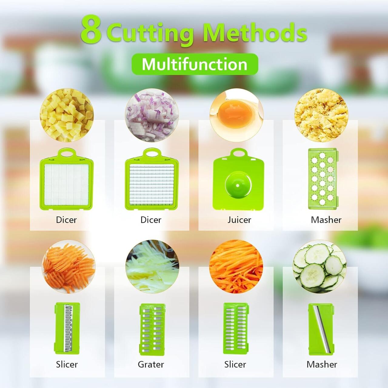 Cortador multifunción de Verduras 16 en 1 Mandolina de Cocina Profesional mostrando 8 métodos de corte diferentes.