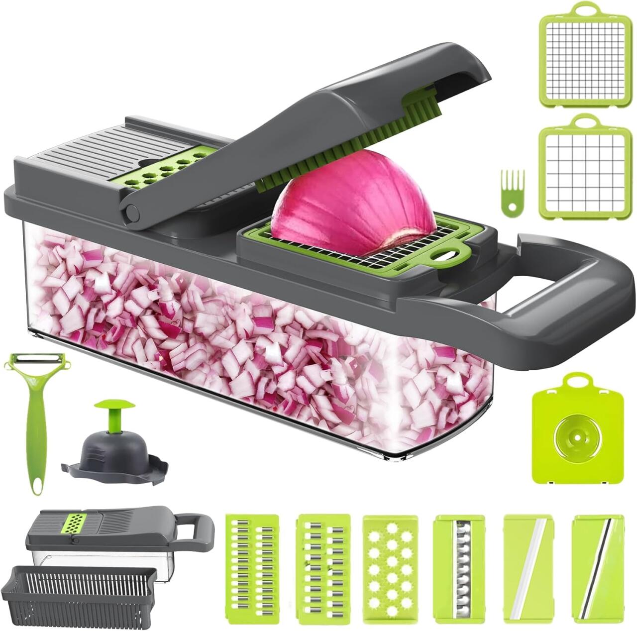Cortador multifunción de Verduras 16 en 1 Mandolina de Cocina Profesional con cebolla picada y accesorios de corte.