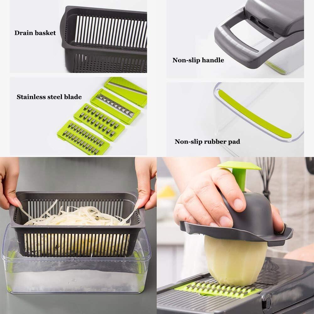 Cortador multifunción de Verduras 16 en 1 Mandolina de Cocina Profesional con accesorios como cesta de drenaje y cuchilla de acero inox.
